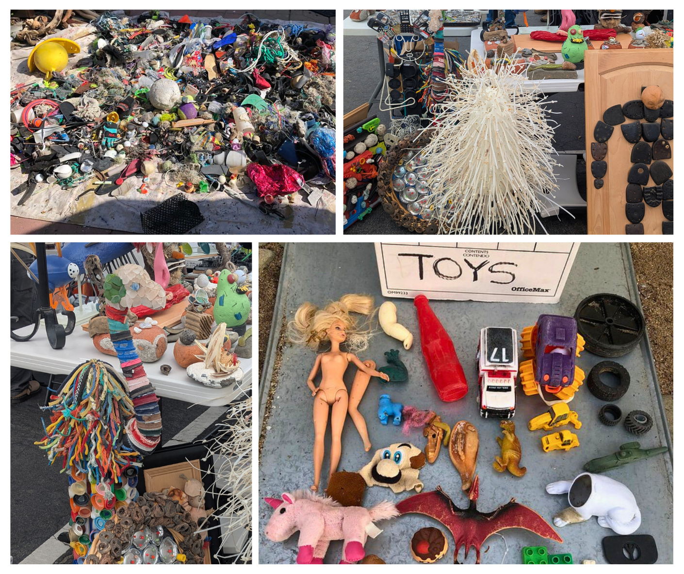 A collage of beach trash art and found objects