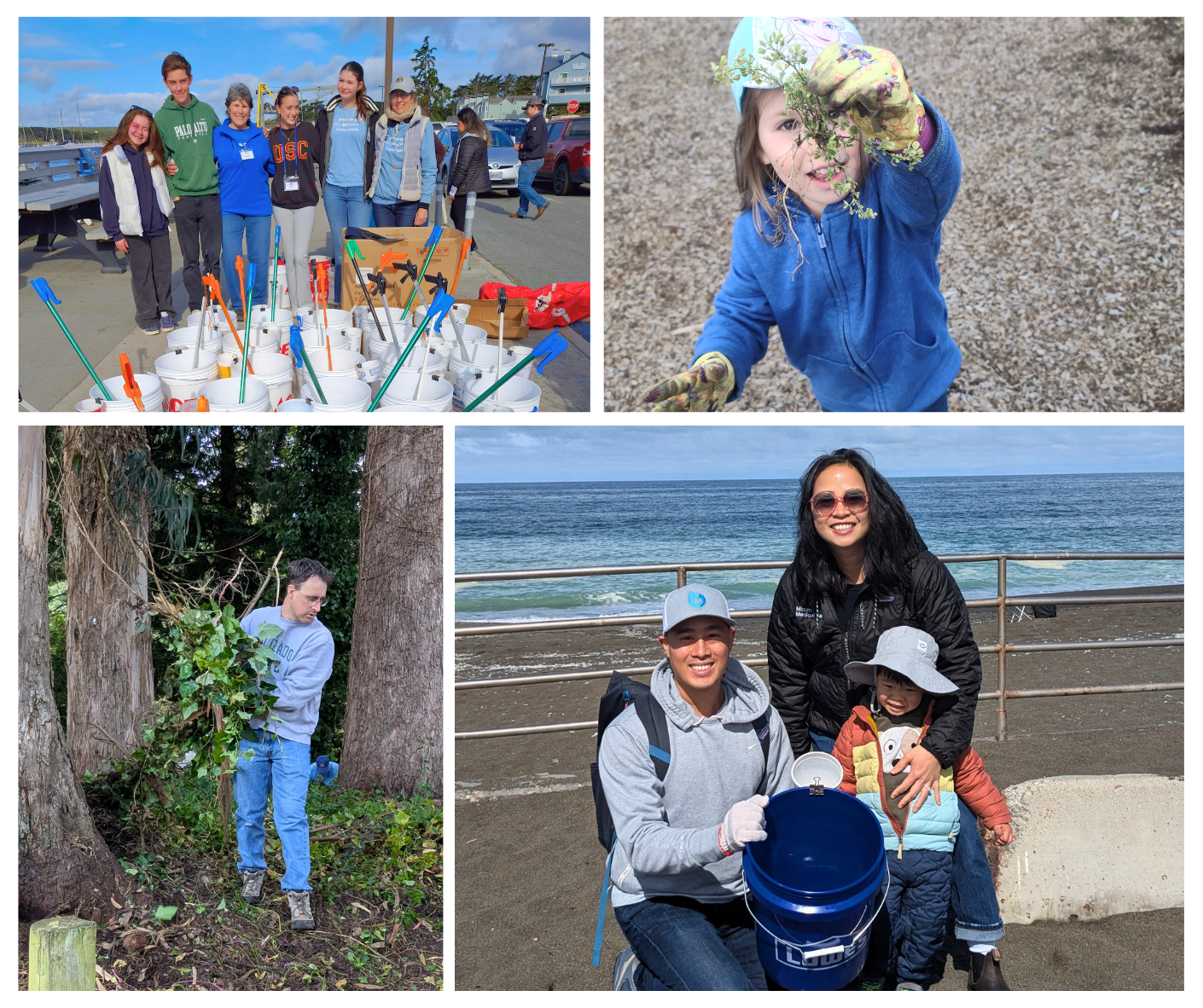 A collage of Earth Day volunteers at beach cleanup and habitat restoration events