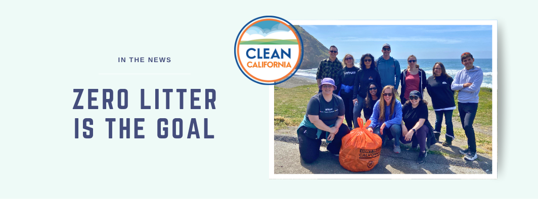A group of volunteers smile with a giant bag of trash that they collected during a beach cleanup with PBC