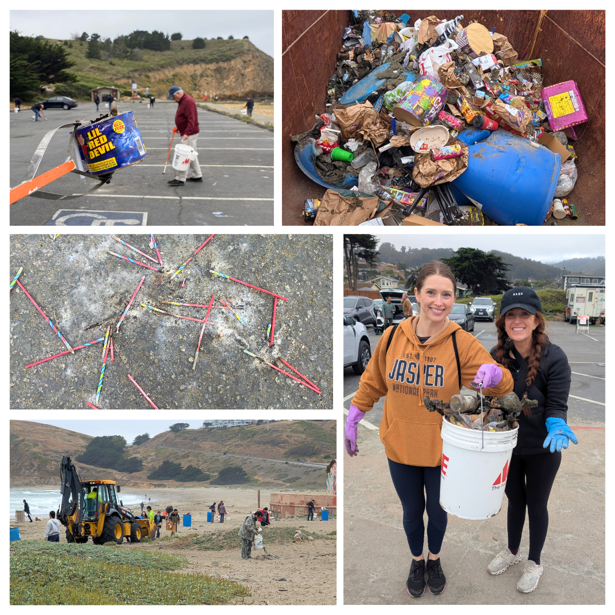 A collage fireworks trash and debris on the beach and the volunteers picking up the trash