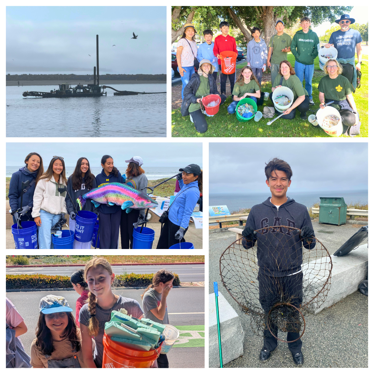 A collage of youth and adult volunteers at various beach and street cleanup events in July