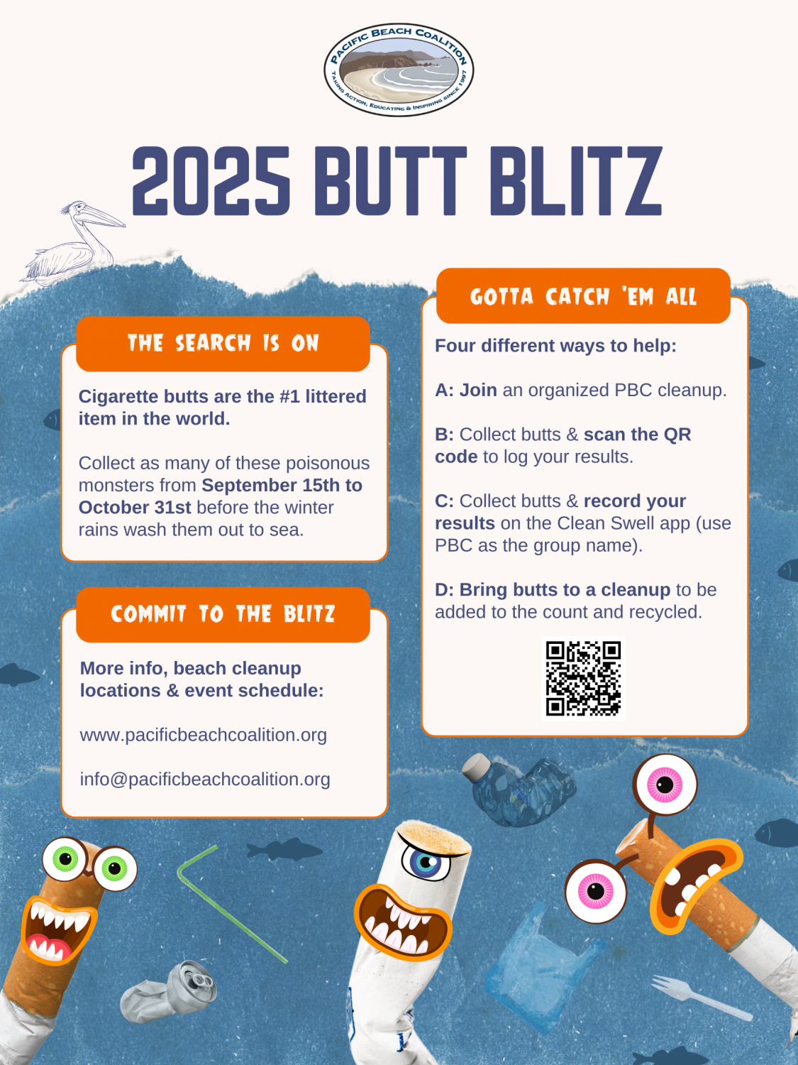 Butt Blitz poster containing more information about the initiative and cartoon cigarette butts