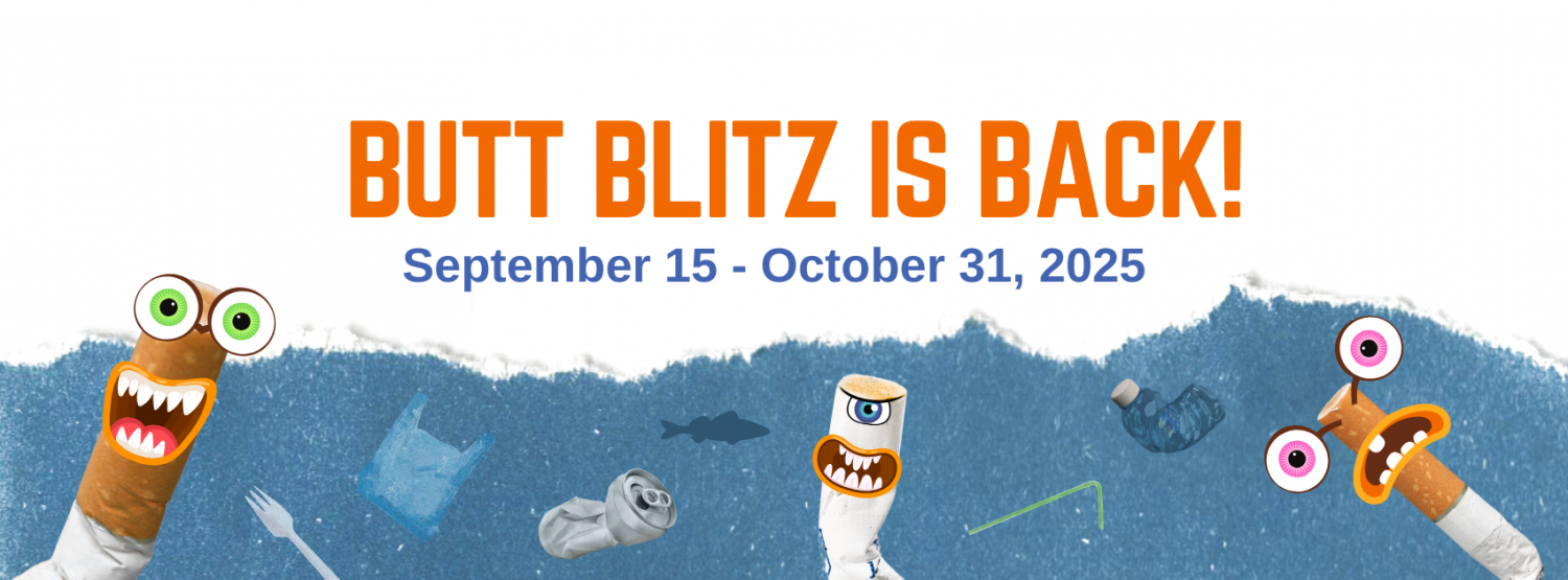 Butt Blitz banner with cartoon cigarette filters