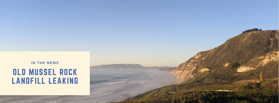 A photo of Mussel Rock cliff, the site of a former landfill, and the Pacific Ocean