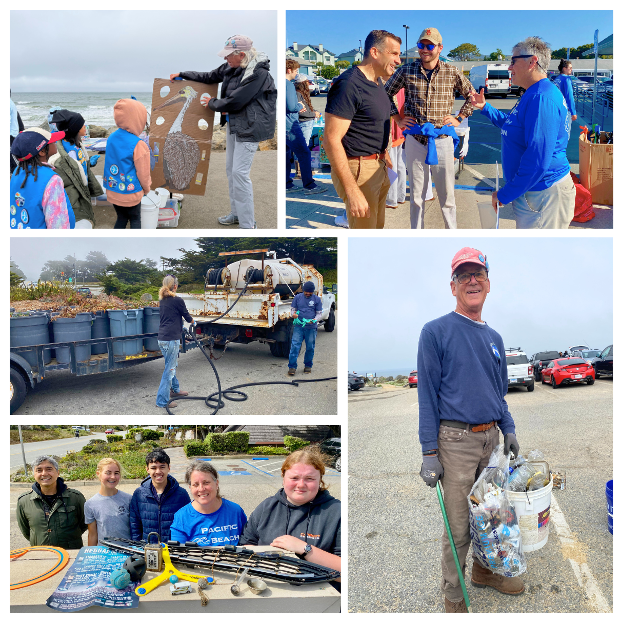 A collage of youth and adult volunteers attend various cleanup and habitat restoration events. As well, Lynn Adams talks with U.S. State Representative Sam Liccardo.
