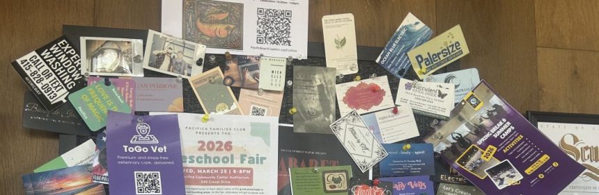 Soul Grind, a coffee shop in Pacifica, has a packed bulletin board. EcoFest Flyer is at the top.