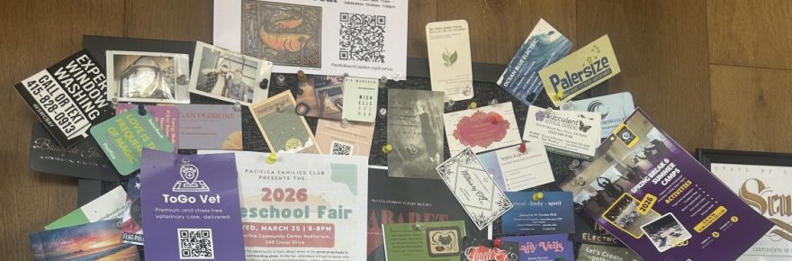Soul Grind, a coffee shop in Pacifica, has a packed bulletin board. EcoFest Flyer is at the top.