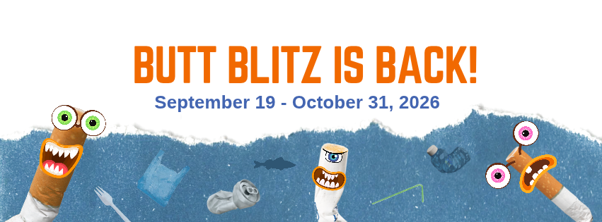 Butt Blitz banner with cartoon cigarette filters